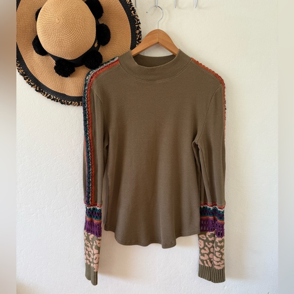 Free People Olive Green Switch It Up Crochet Trim Long Sleeve Thermal Top Large - Picture 4 of 16